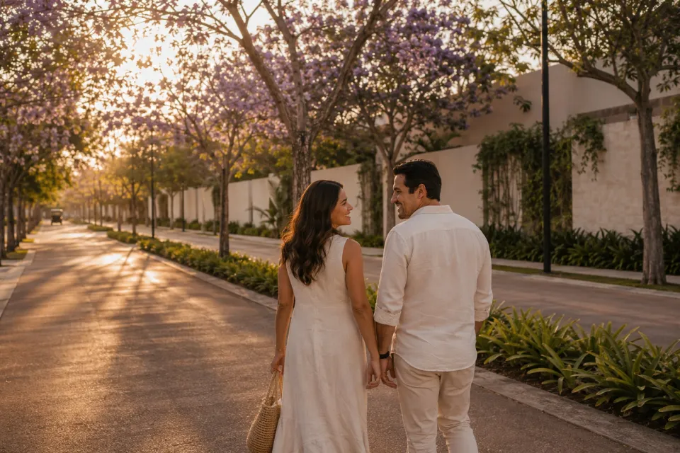 Pareja caminando en el fraccionamiento Aristea San Ignacio